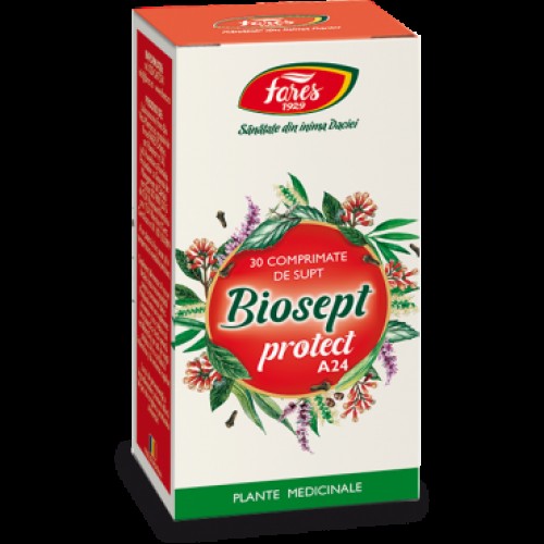 Biosept Protect, A24, 30 comprimate de supt Antiviral, antibacterian și antiinflamator cu acțiune locală puternică Biosept Protect, A24, 30 comprimate de supt Antiviral, antibacterian și antiinflamator cu acțiune locală puternică
