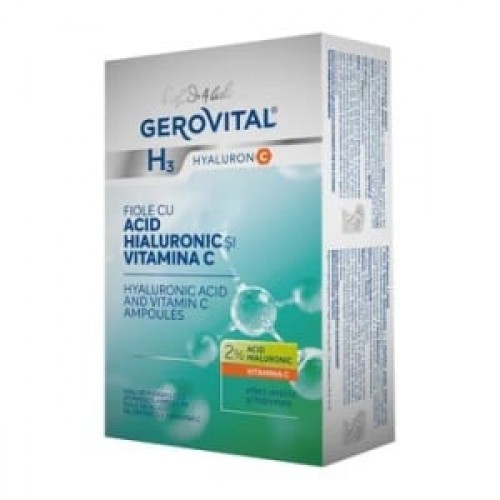 Fiole cu Acid Hialuronic 2% și Vitamina C – Hidratare, Netezire Riduri și Antiîmbătrânire, Gerovital H3 Hyaluron C, 10 fiole x 2 ml